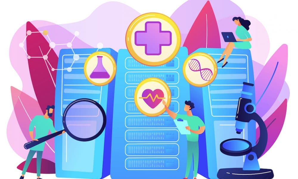 Big data healthcare concept vector illustration. Sharing patient information produces best outcomes all round