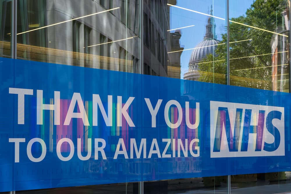 Sign near St. Bartholomews Hospital in London, thanking the NHS during the Coronavirus pandemic.