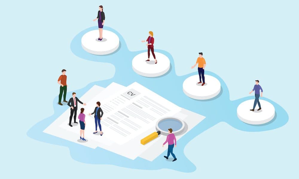 recruitment or recruiting process concept with team select people candidate with cv paper document – vector What recruitment opportunities does 2022 hold?