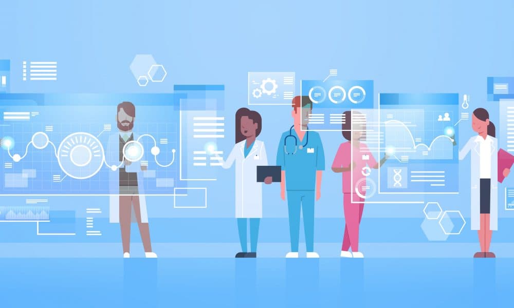 Diverse Doctors Group Use Virtual Computer Screen With Digital Buttons Innovation Technology Concept Modern Medical Treatment As healthcare changes, data integration must change with it