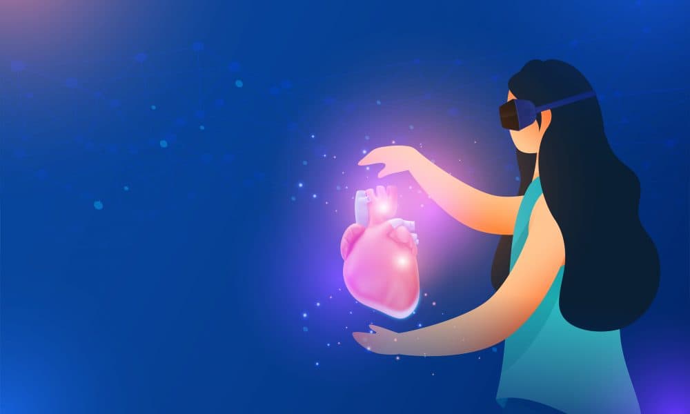 Young Woman Protecting Human Organ Heart Through VR Box On Blue Lights Effect Background. The metaverse & patient care: What should we actually expect?