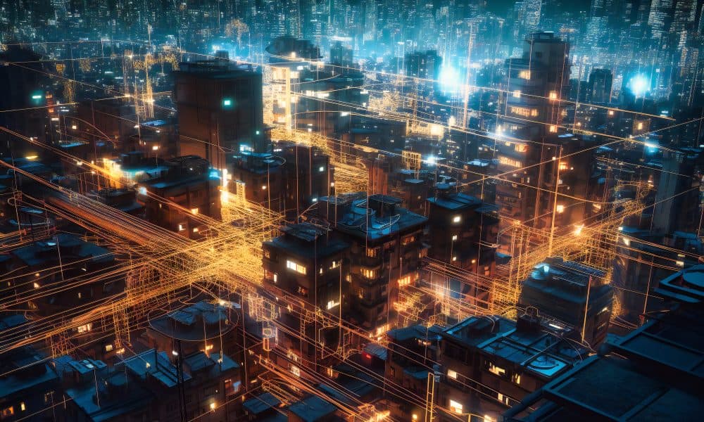 Intricate connection patterns intertwining with a city backdrop, The West Midlands: Driving healthcare data innovation