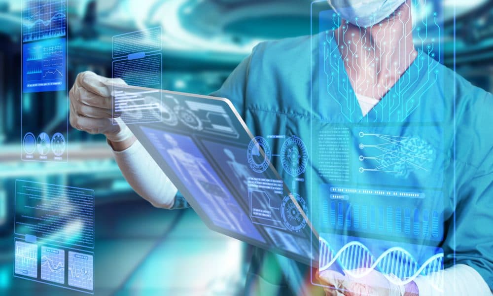 Doctor surgeon in medical apparel working with Futuristic Hologr The impact of AI in healthcare