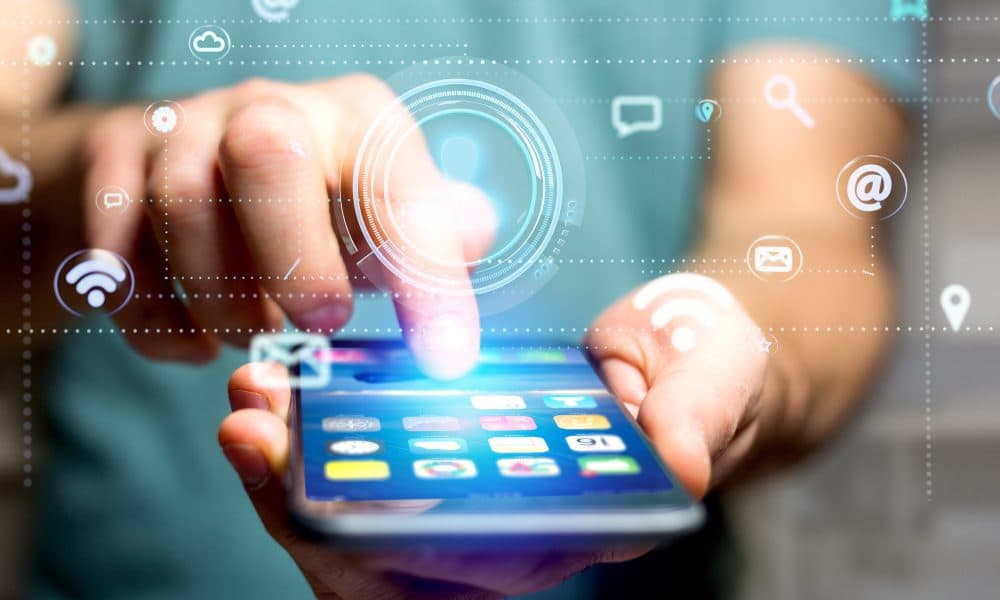 Businessman using a smartphone with a Contact icon surrounding by app and social icon – 3d render AI depression app set for NHS clinical trial