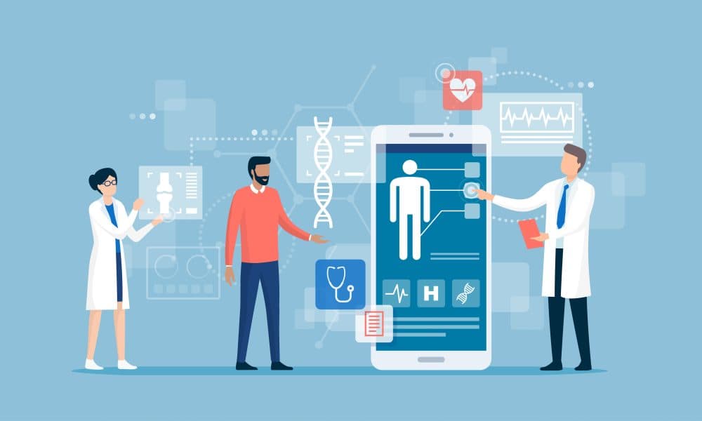Doctors examining a patient using a medical app Empowering the digital health ‘data donor’