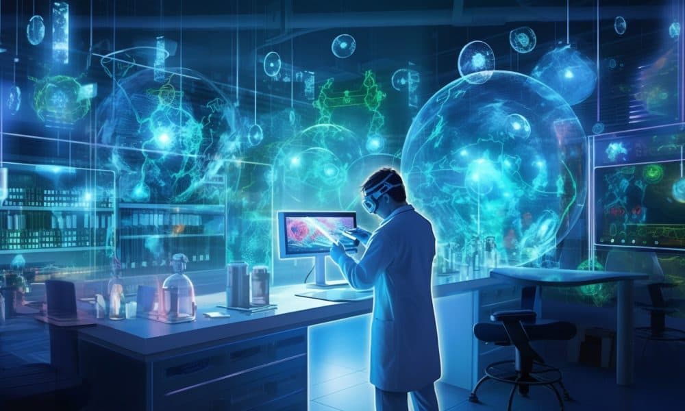 Medical research and healthcare as a technician harness the power of a digital tablet in a hospital laboratory. Surrounded by medical icons and delving into the world of microbiology, Generative AI “Clinical trial data has no border”