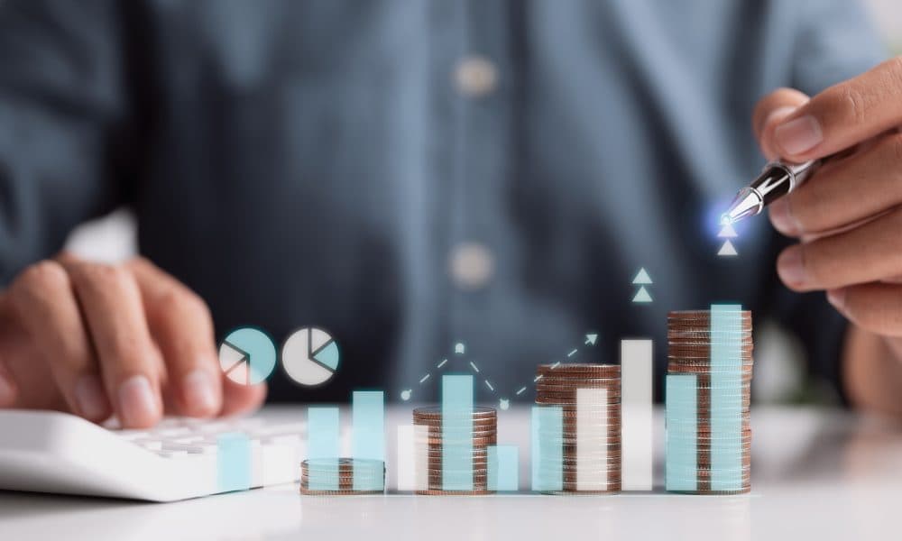 Hand drawn virtual growing graph with money coins stacking by a Unlocking scale up capital to drive healthtech innovation in the UK