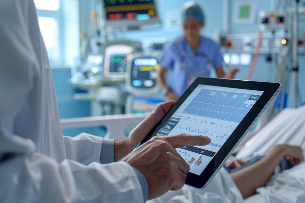 Healthcare professional using a tablet to monitor a patient's vital signs in an intensive care unit.